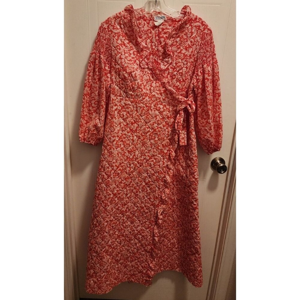 Vtg 70s Eve Stillman Quilted Long Wrap Robe Ruffle Red Floral Size M‎ Union Made